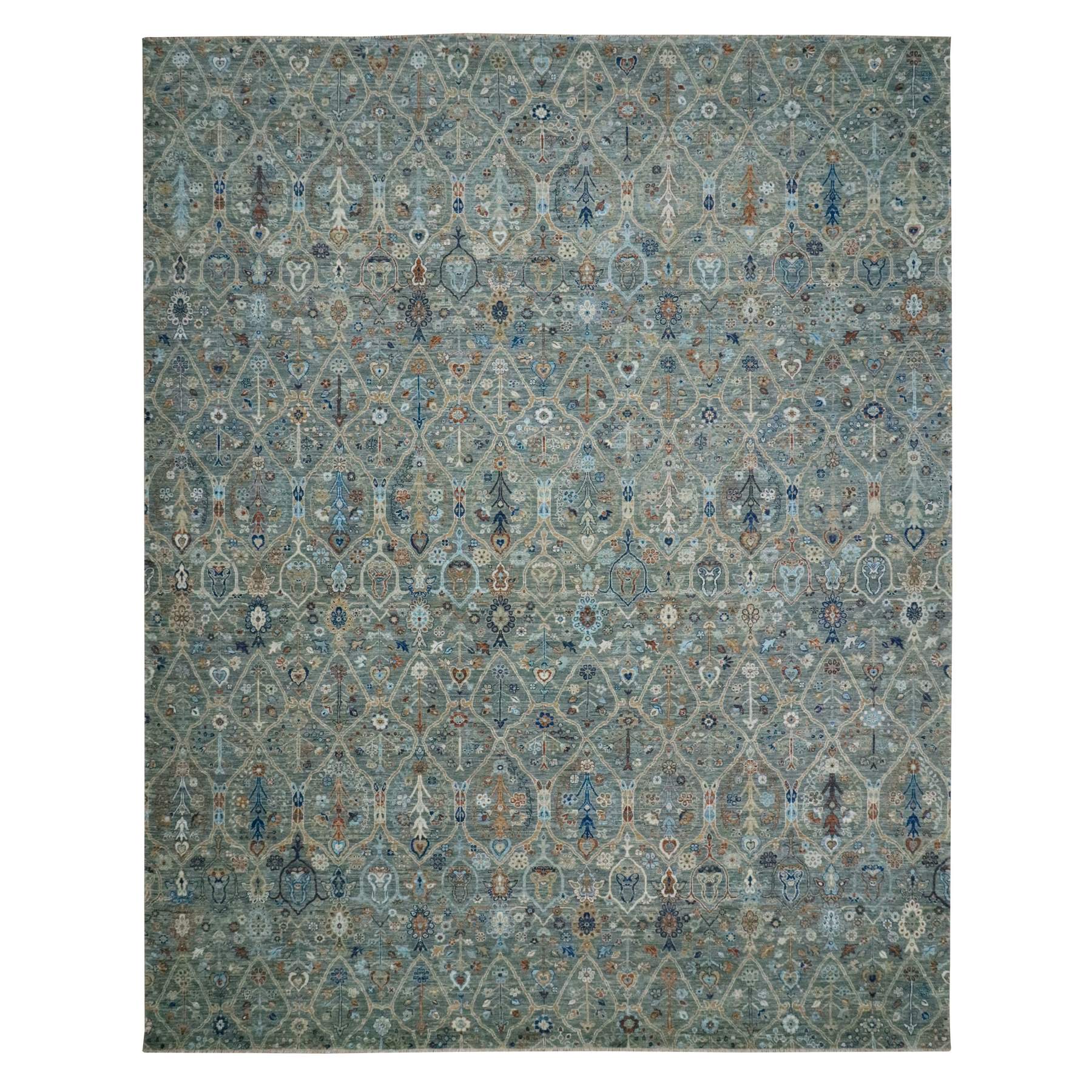 12'2"x15'3" Sage Green, Trellis Borderless Garden Design, Agra, Hand Knotted, Hand Spun New Zealand Wool, XL, Oversized, Oriental Rug 